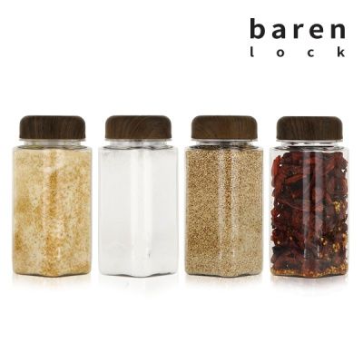 바른락 사각 PET 양념통 400ml 4P (우드 월넛)