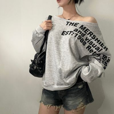 여성 오버핏 레터링 보트넥 원숄더 맨투맨 프린팅 2종