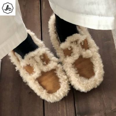 [애슬릿]플랫 슈즈 여성 겨울 털 모카신 리본 안감 퍼