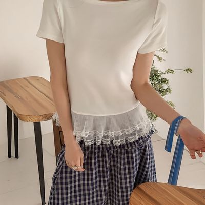 여성 밑단 프릴 레이스 레이어트 반팔티 티셔츠