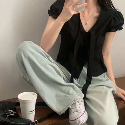 핀턱 퍼프 리본 블라우스 여성 데일리 셔츠