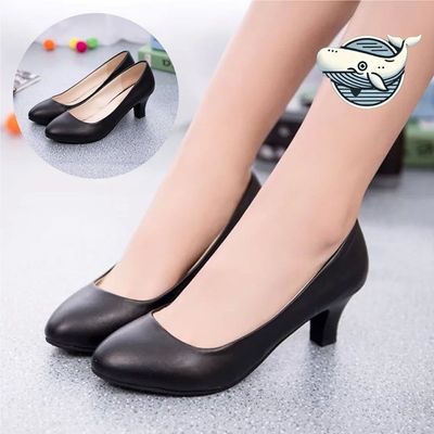 블랙 레더 굽 힐 세련된 여성용 구두(WFGYK7M)