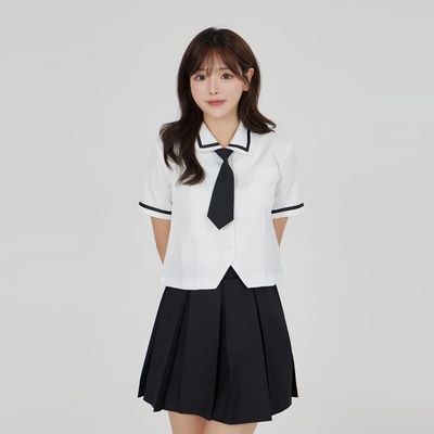 (대여)화이트 블랙라인 여자 각카라 블라우스 교복셔