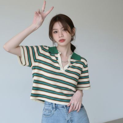 배색 스트라이프 크롭 브이넥 카라 니트 여자 스웨터