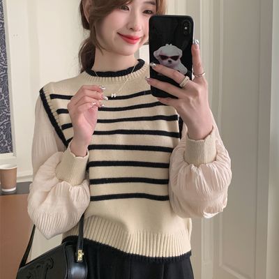 스트라이프 플리츠 니트 단가라 크롭 주름