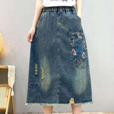 [애슬릿]여성 데님 스커트 밴딩 고무줄 청치마 중년