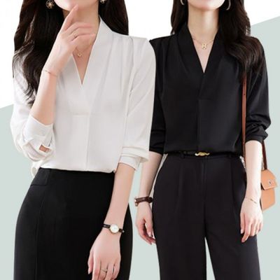 우아한 쉬폰 브이넥 긴팔 블라우스 하객룩 오피스룩 