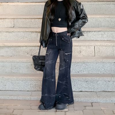 여성 스터드 카고바지 스트리트 펑키 나팔바지