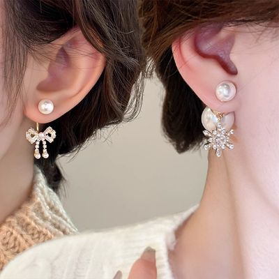 세련된 겨울 눈꽃 리본 왕 볼 진주 큐빅 드롭 귀걸이