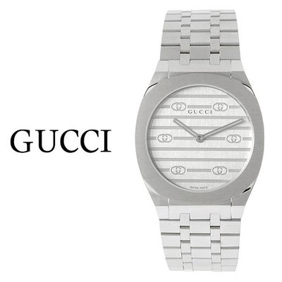 구찌 25H 쿼츠 실버 다이얼 시계 YA163501