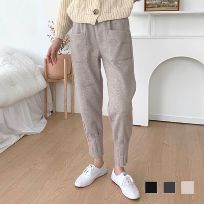 오데트 모직 밑단주름 배기 팬츠 데일리 여자 바지