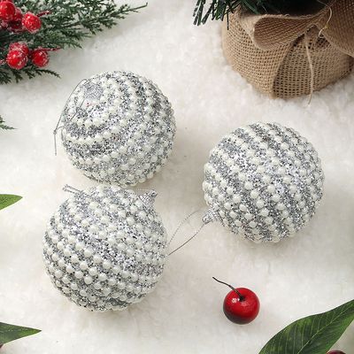 실버 글리터 장식볼 3p(8cm) (진주가로라인)