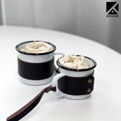 레트로 캠핑 화이트 법랑머그컵 가죽커버세트 