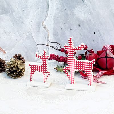 레드 체크 사슴 도자기 장식 인형 2p set