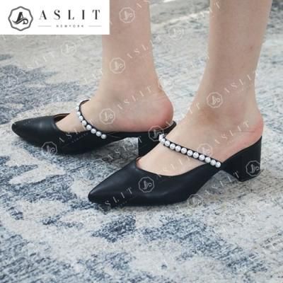 [애슬릿]스틸레토 진주메리제인 뮬슬리퍼 청키 미들힐