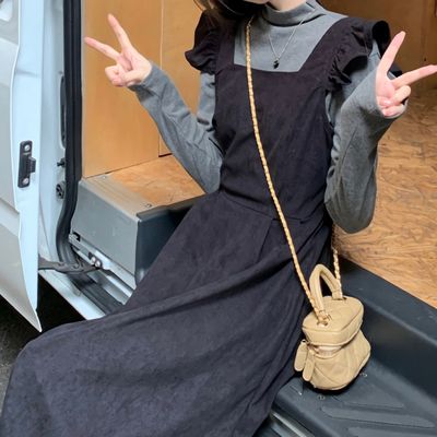 그레이 목폴라 프릴 서스펜더 롱원피스 세트