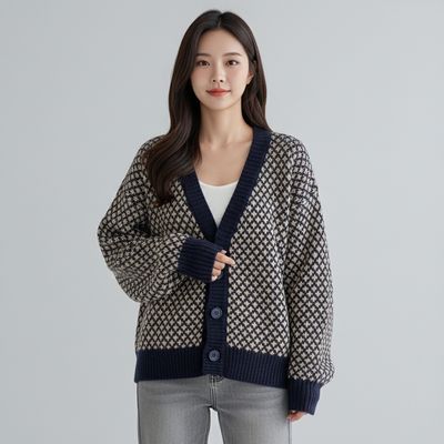 여성 라헬 네이비 패턴 도톰 가디건 니트 단추 긴팔