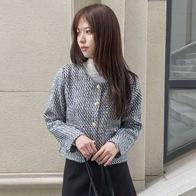 여성 노카라 유넥 크롭 트위드 자켓