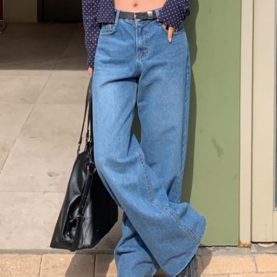 밑단 컷팅 와이드 중청 워싱 데님 팬츠