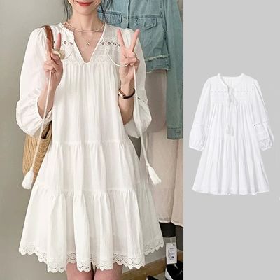 스코프 펀칭 레이스 루즈핏 미니 여름 벌룬 원피스