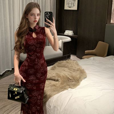 레드 로즈패턴 키홀 벨벳 치파오 원피스 교복 학생복