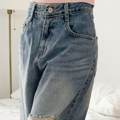 여성 봄 데미지 구제 와이드 데님 청바지