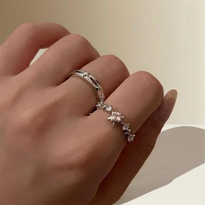 여성 실버 핑크 큐빅 하트 별 스타 오픈 링 반지