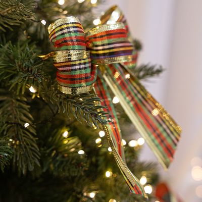 크리스마스 완성 리본 장식 레인보우체크 3~7cm 2단