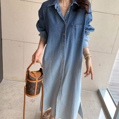 여성 이루이 봄 루즈핏 워싱 투톤 청 롱 원피스