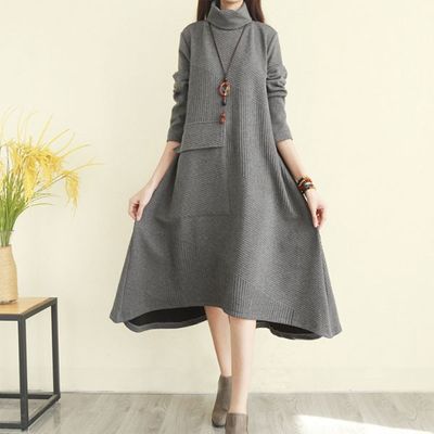 사선 포켓 에이라인 목폴라 원피스 치마