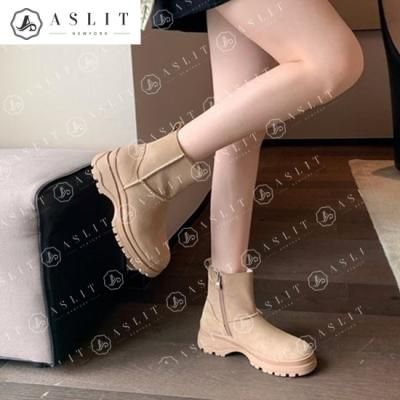 [애슬릿]소 가죽 여성 겨울 털 안감 통굽 앵클 부츠