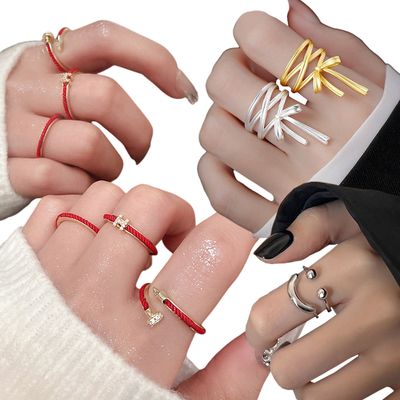 레드 큐빅 스마일 리본 오픈 반지 레이어드 검지 링