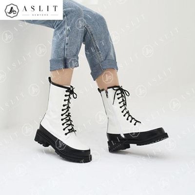 [애슬릿]레이스업 끈 블랙 배색 통굽 워크 앵클 부츠