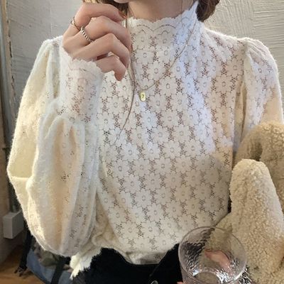 여성 레이스 루아프 시스루 터틀넥 블라우스