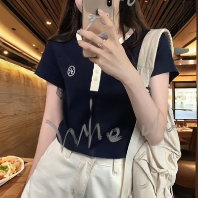 여성 써클 심플 로고 포인트 배색 반팔 티셔츠