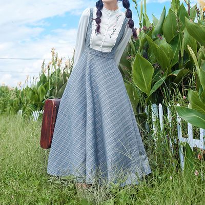 그레이블루 체크 레트로 차이나넥 A라인 롱원피스