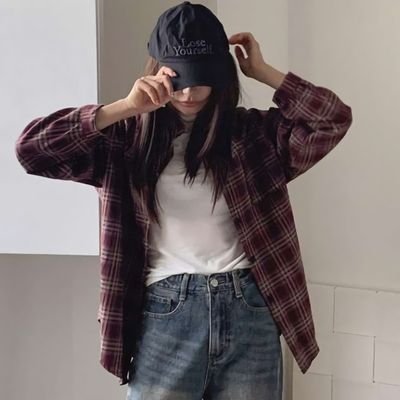 여성 원 포켓 도톰 루즈핏 체크 셔츠