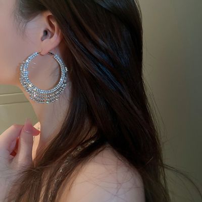 빅사이즈 큐빅 라인 링 테슬 드롭 귀걸이 925 실버