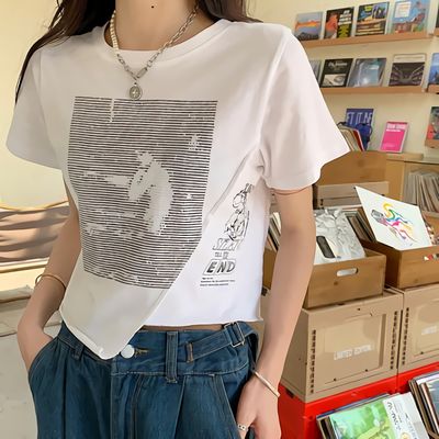 [SALE] 여성 반팔티 티셔츠 레스 언발 슬릿 크롭