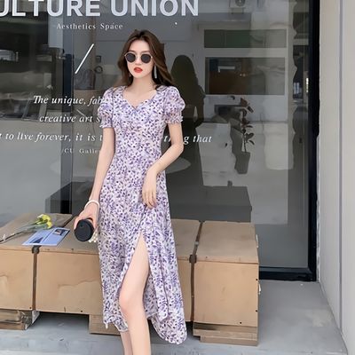 [SALE]여성 퍼프 프릴 밑단 사선 여리핏 롱 원피스