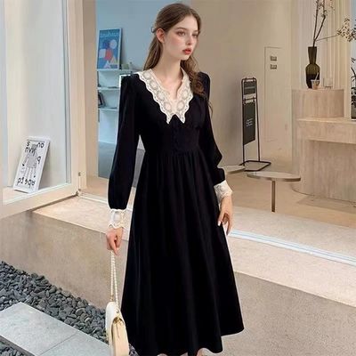 (대여) 브이넥 레이스카라 블랙 헵번 롱원피스 경성