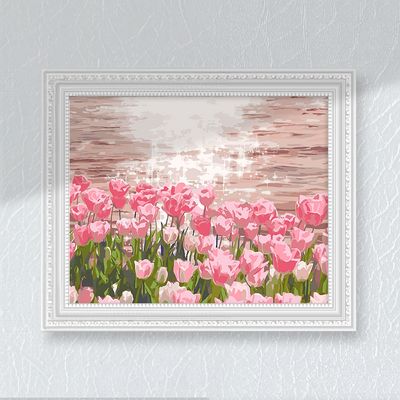 핑크튤립강가 꽃그림 풍경 물결 윤슬 햇살 DIY 그림