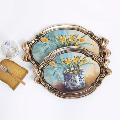 리본 옐로우 플라워 빈티지 타원 쟁반 2P세트