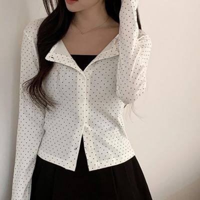 여성 슬림핏 도트 라운드 세미크롭 가디건