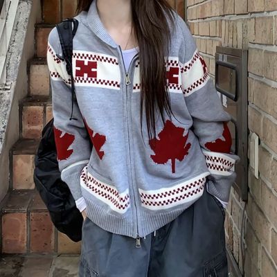 여성 루즈핏 노르딕 패턴 니트 카라 집업