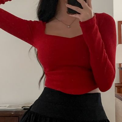 여성 가을 겨울 하트넥 사이드 셔링 골지 T