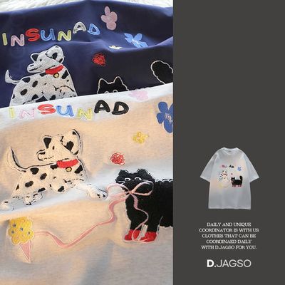 여성 달마시안 캣츠 자수 패치 반팔 티셔츠