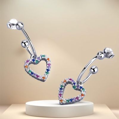 여성 실버 925 레인보우 큐빅 펀칭 하트 귀걸이