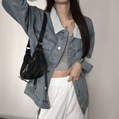 여성 박스핏 배색카라 청자켓 재킷 아우터