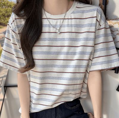 여성 루즈핏 단가라 스트라이프 빅 반팔 티셔츠